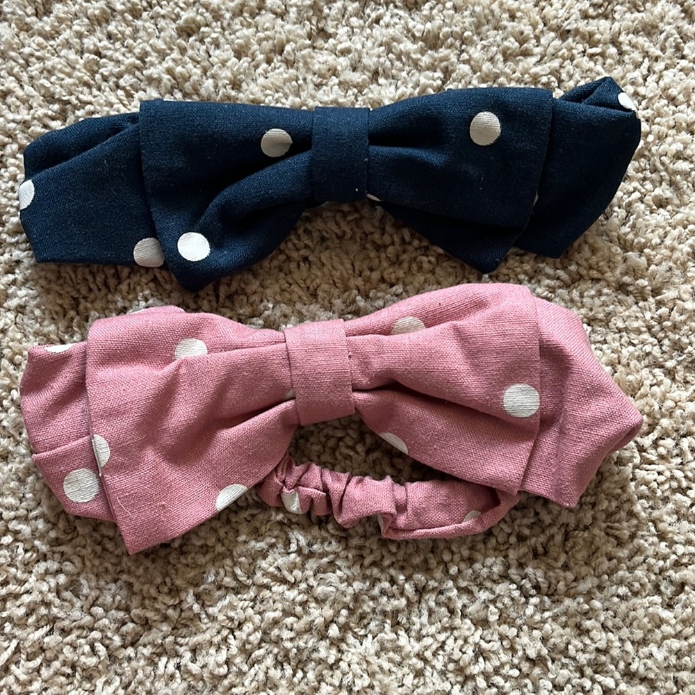 Linen Pink and Navy Blue with Polkadots Baby Toddler Headbands GORGEOUS EUC